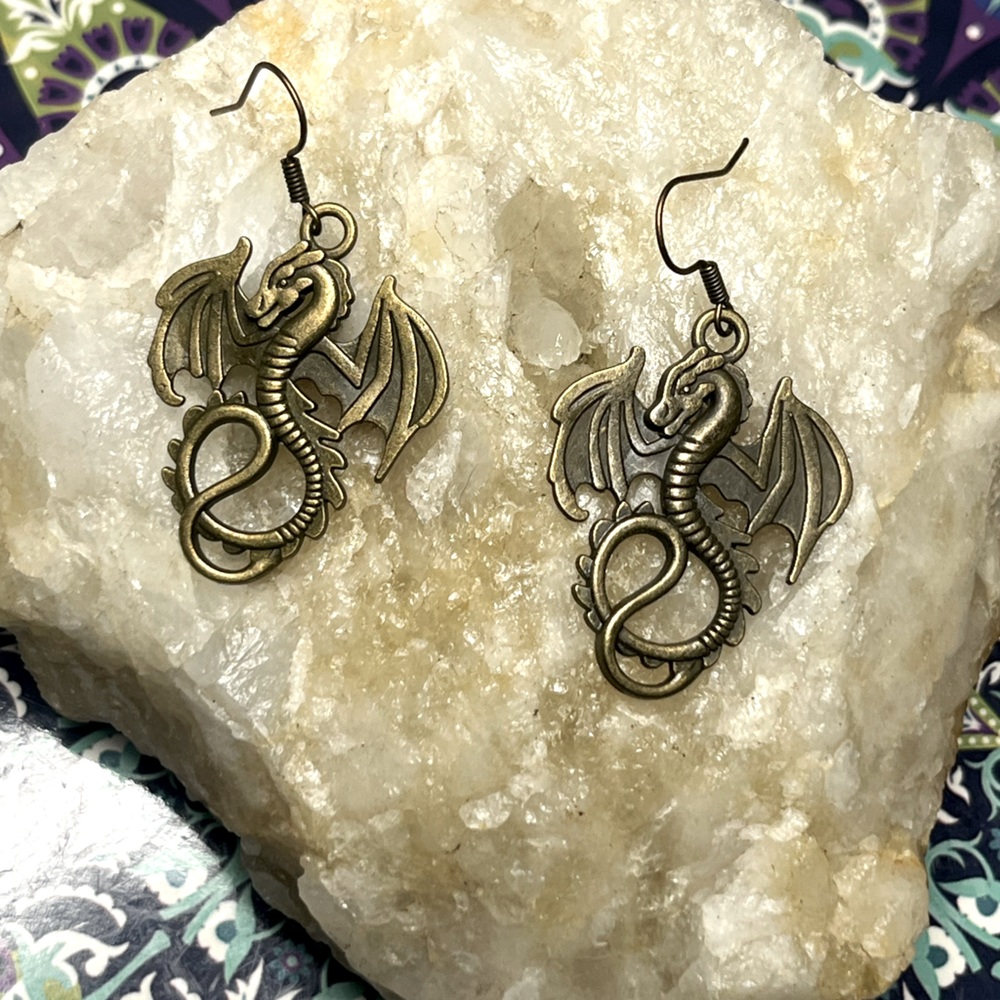 Dragon Earrings Fantasy Dangle Drop Earrings Bronze Gold Tone -New